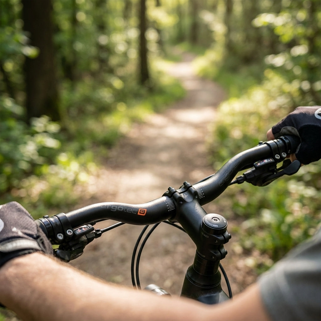 ergotec Lenker Ergo plus Series XXL 700 mm am Fahrrad auf einem Waldweg.