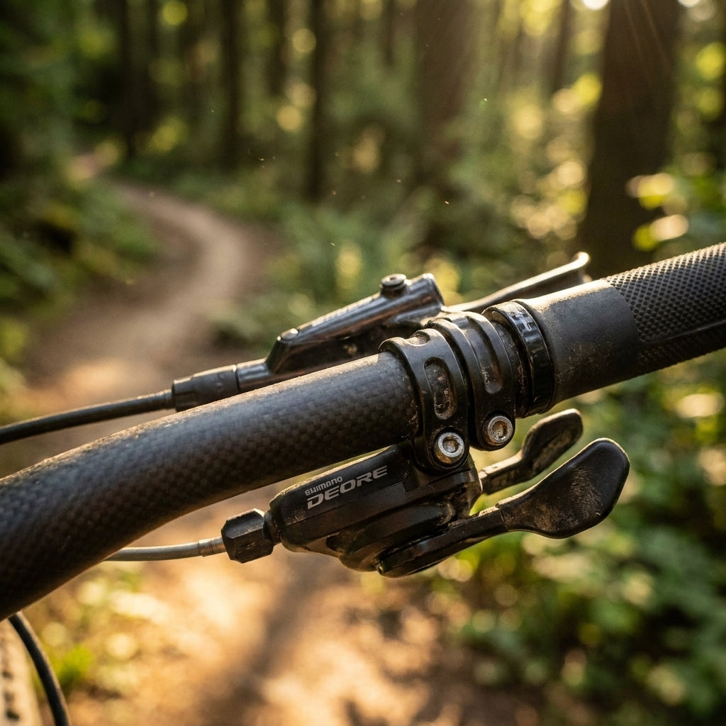 SHIMANO DEORE SL-M5100 2-fach Schalthebel am Lenker eines Mountainbikes auf einem sonnigen Waldweg.