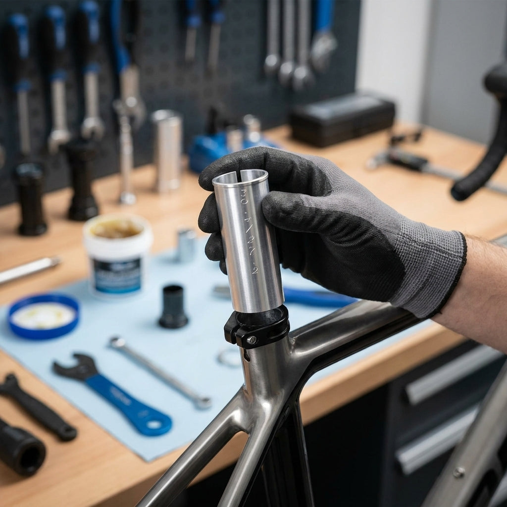 Hand montiert XLC Kalibrierbuchse SP-X20 (Ø27,2-30,4mm) in Fahrradrahmen.
