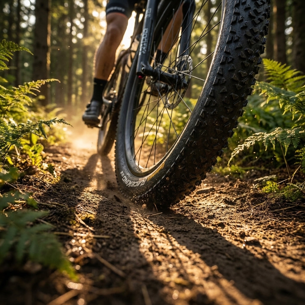 Continental Race King II 2.2 MTB Reifen auf Waldweg, Staub spritzt beim Fahren, Sonnenlicht im Wald.