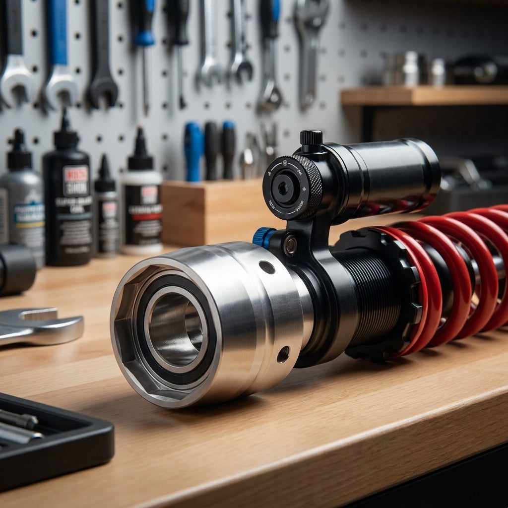 Rockshox Lageradapter Einsatzwerkzeug 8x30 26mm für Vivid C1 Super Deluxe Coil B1 Dämpfer auf Werkbank.