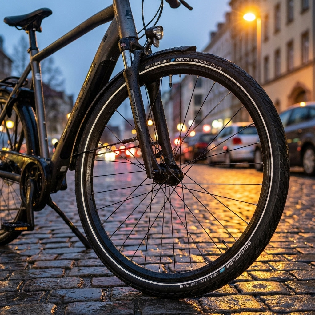 Schwalbe Delta Cruiser Plus Reifen 26x2.00" schwarz Reflex E-25 am Fahrrad auf nassem Kopfsteinpflaster.