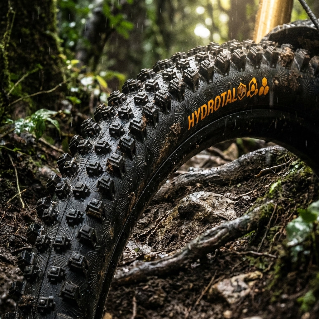 Continental Hydrotal DH MTB-Reifen 29x2.40" schwarz auf nassem, schlammigem Waldweg im Regen.