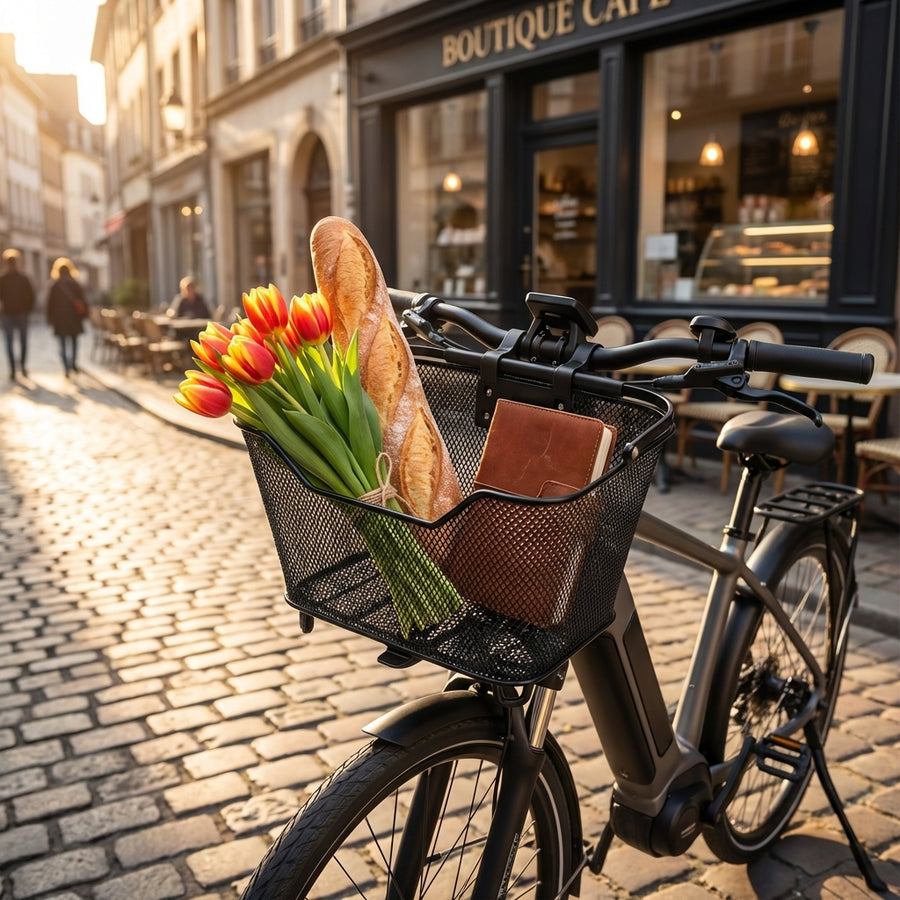 AtranVelo System Korb schwarz am Fahrrad mit Baguette und Tulpen vor Café auf Kopfsteinpflasterstraße.