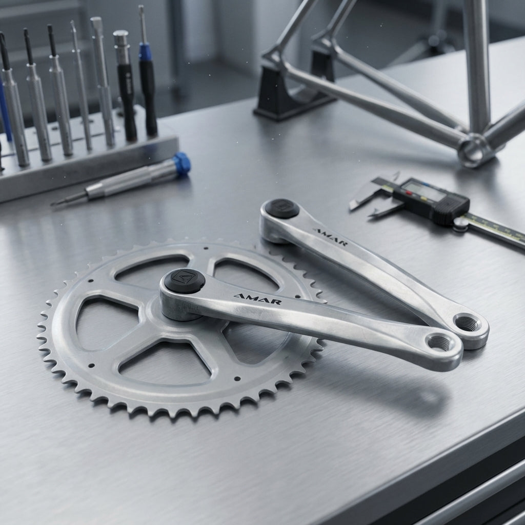 Amar Kettenradgarnitur Alu satinfarbig, 170mm, 44 Zähne, 4-Kant, mit Werkzeug und Fahrradrahmen auf Werkbank.