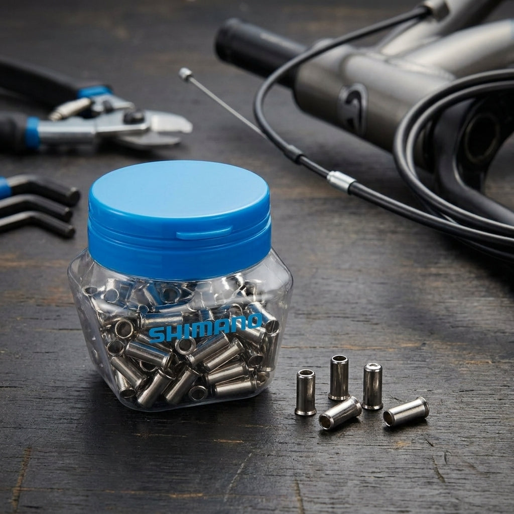 SHIMANO 200 Stahl Endkappen für Bremszugaußenhüllen in Dose, mit Fahrradwerkzeug auf dunklem Holz.