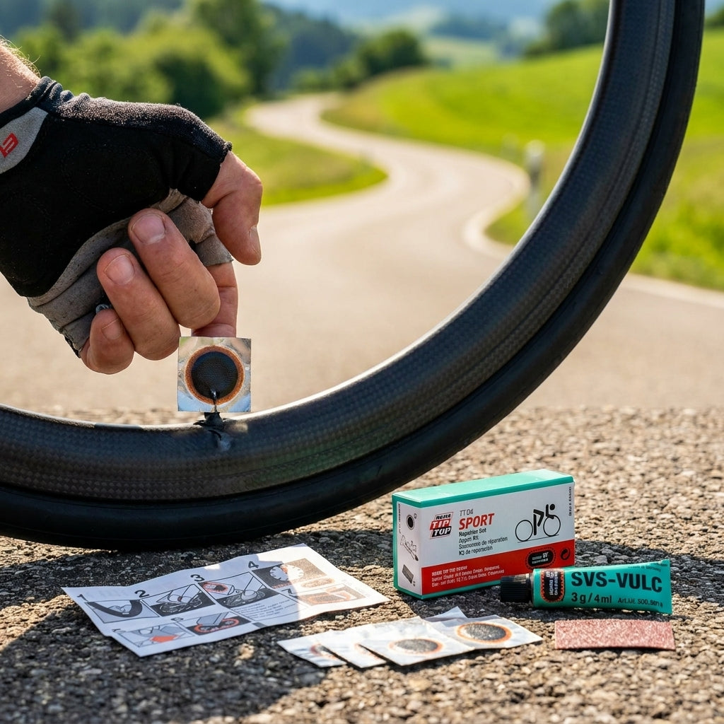 Rema Tip Top Reparaturkästchen TT04 Rennrad. Hand repariert Reifenpanne mit Flicken und Kleber am Straßenrand.