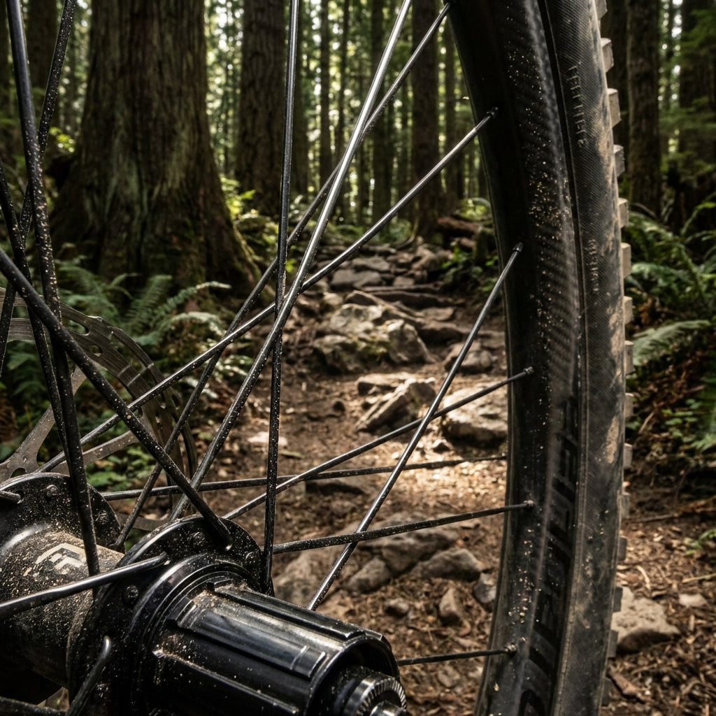DT Swiss Complite J-Bend Speichen am schwarzen Mountainbike-Rad auf felsigem Waldweg.