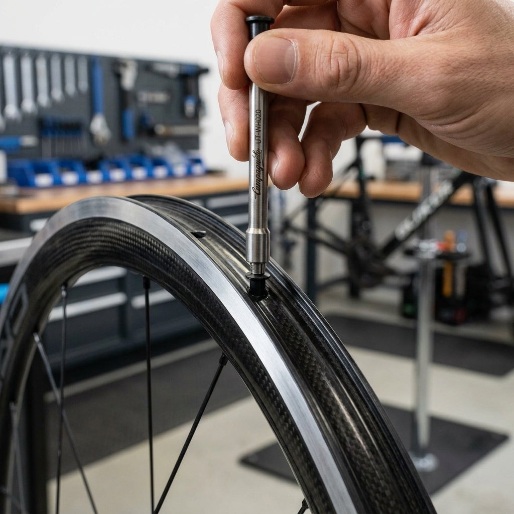 Hand montiert Campagnolo UT-WH020 magnetischen Nippeleinsatz in ein Carbon-Fahrradlaufrad.
