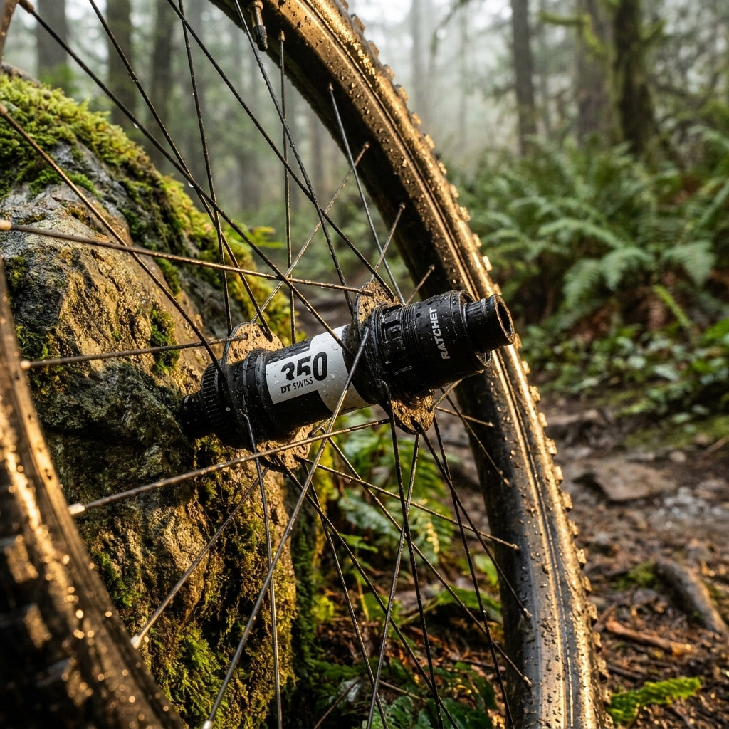DT Swiss 350 Ratchet Boost MTB Hinterradnabe, schwarz, im nassen Mountainbike-Rad an moosigem Felsen im Wald.