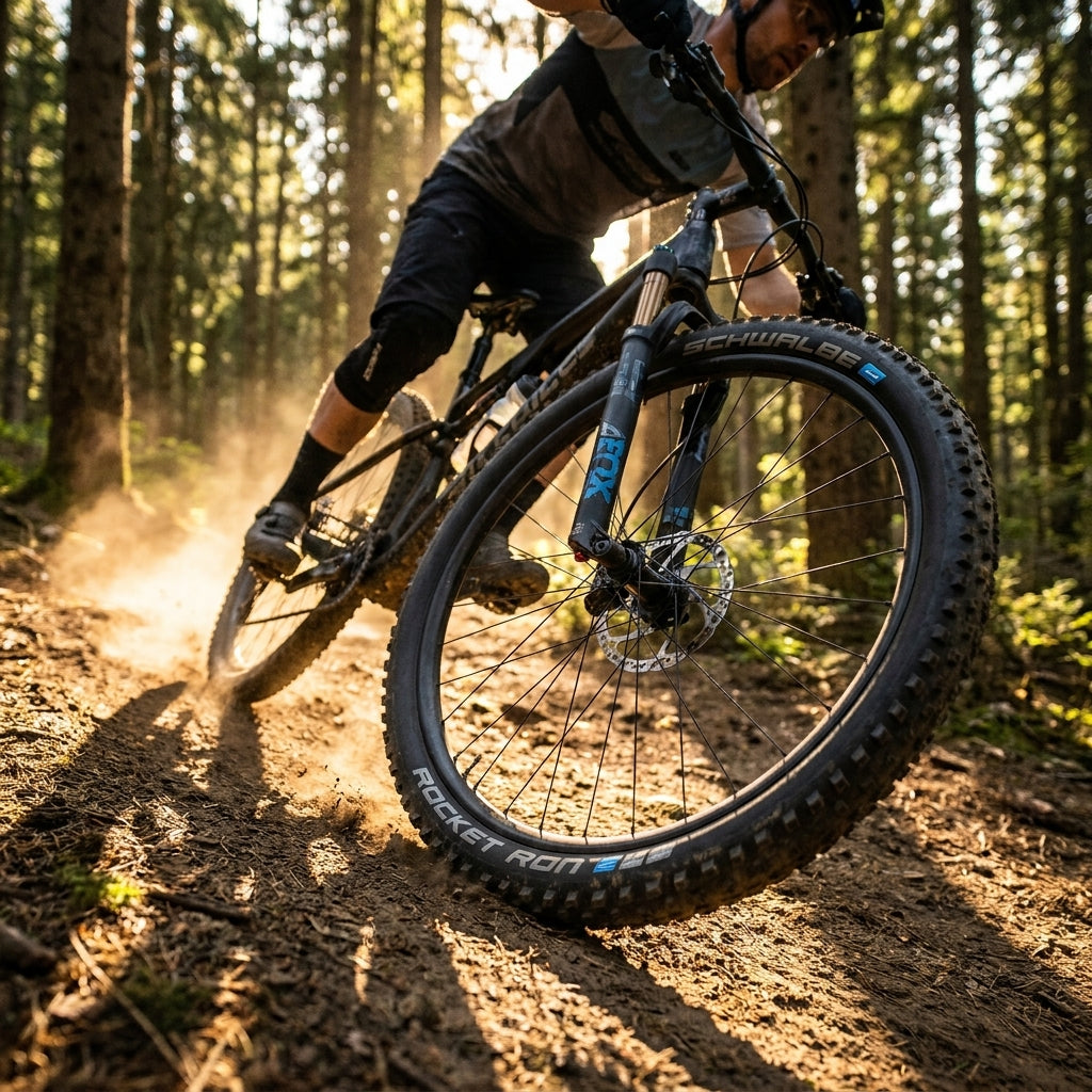 Schwalbe ROCKET RON 24x2.10 ADDIX Performance Reifen am Mountainbike auf staubigem Waldtrail in Aktion.