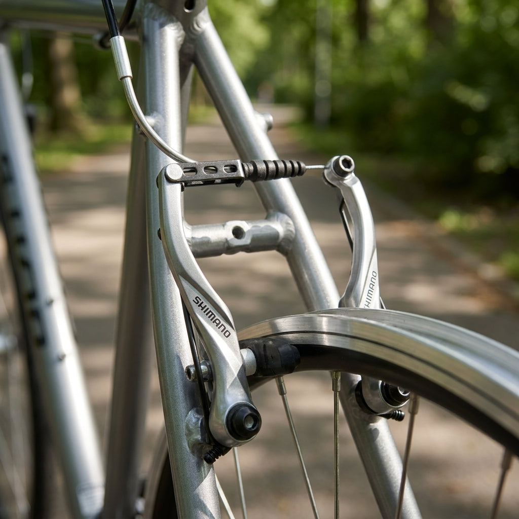 Silberne SHIMANO ALIVIO BR-T4000 V-Brake als hintere Felgenbremse am Fahrrad montiert.