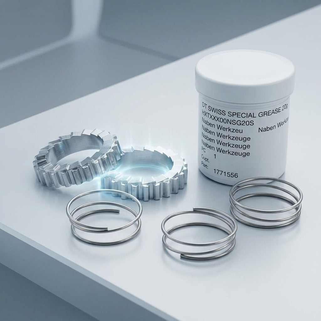 DT Swiss Ratchet System 18 Zähne Service Kit mit Ratchet-Ringen, Federn und Spezialfett für präzises Nabentuning.