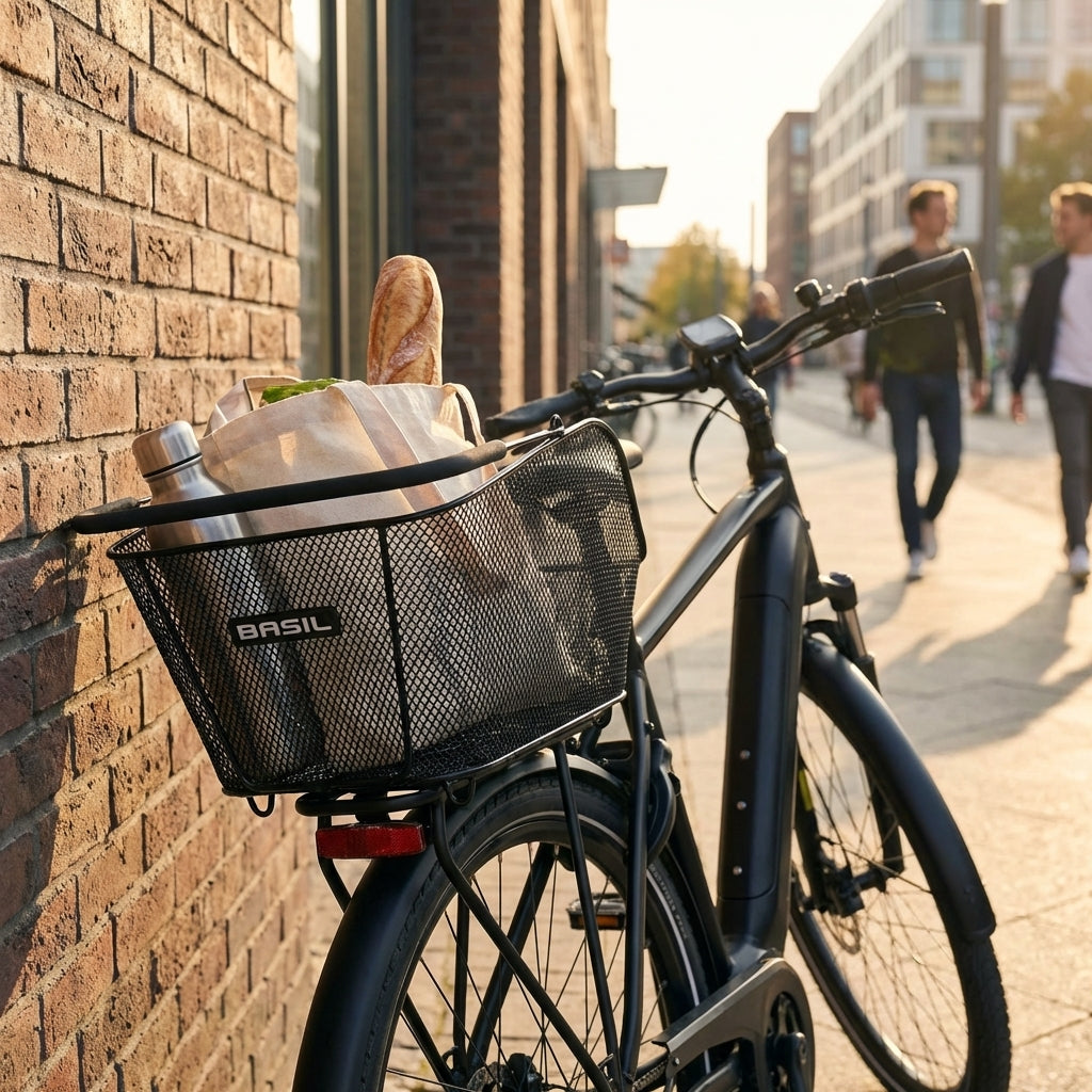Basil Icon M MIK schwarzer Stahl-Hinterradkorb am E-Bike, gefüllt mit Baguette und Flasche, an Ziegelwand.