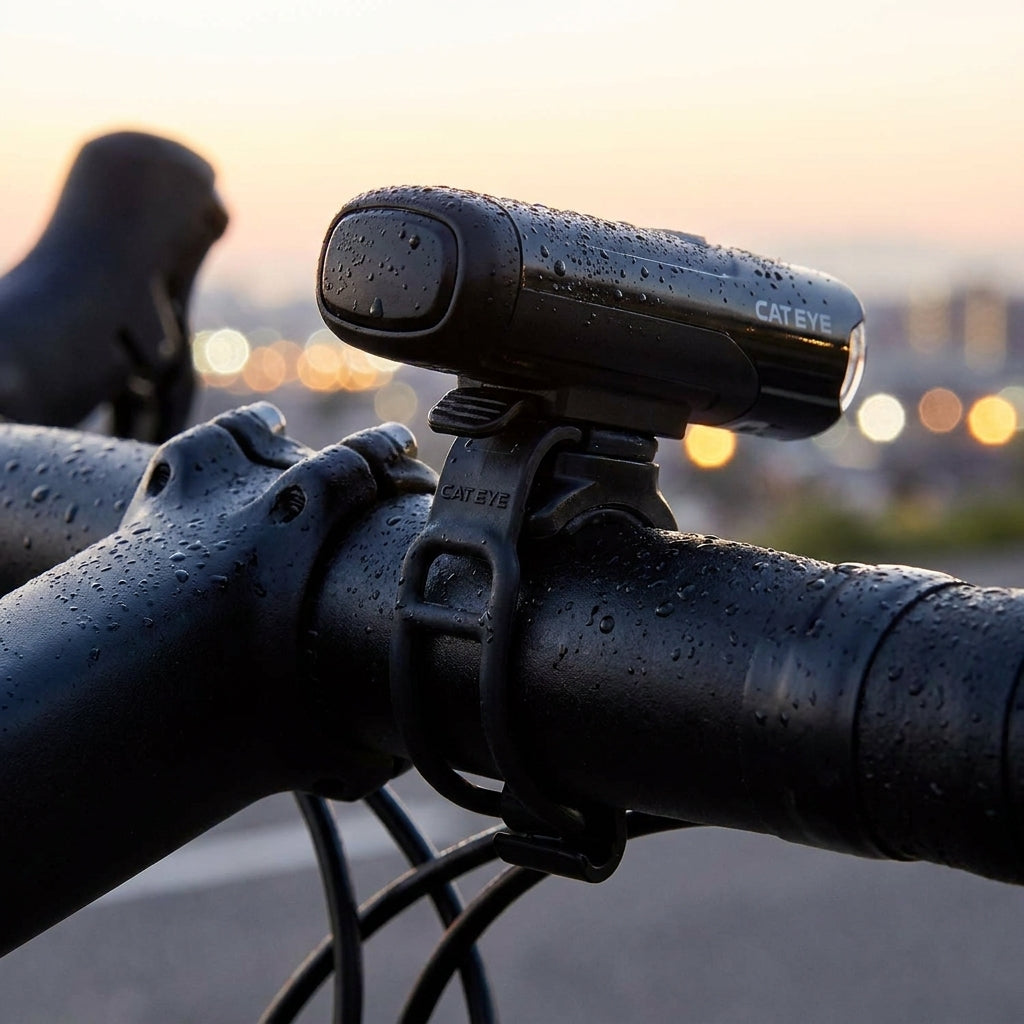 CATEYE Fahrradlicht mit kurzem 10 cm Spanngummi-Band am Lenker, sicher befestigt und wetterfest mit Regentropfen.