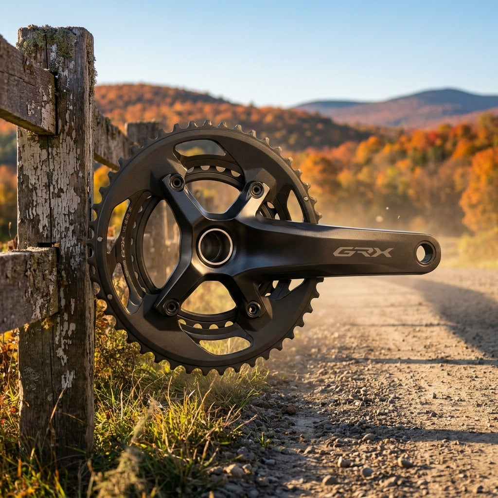 SHIMANO GRX FC-RX600-11 Kurbelgarnitur am Gravelbike auf Schotterweg. Robust, 11-fach, 46-30 Zähne für Abenteuer.