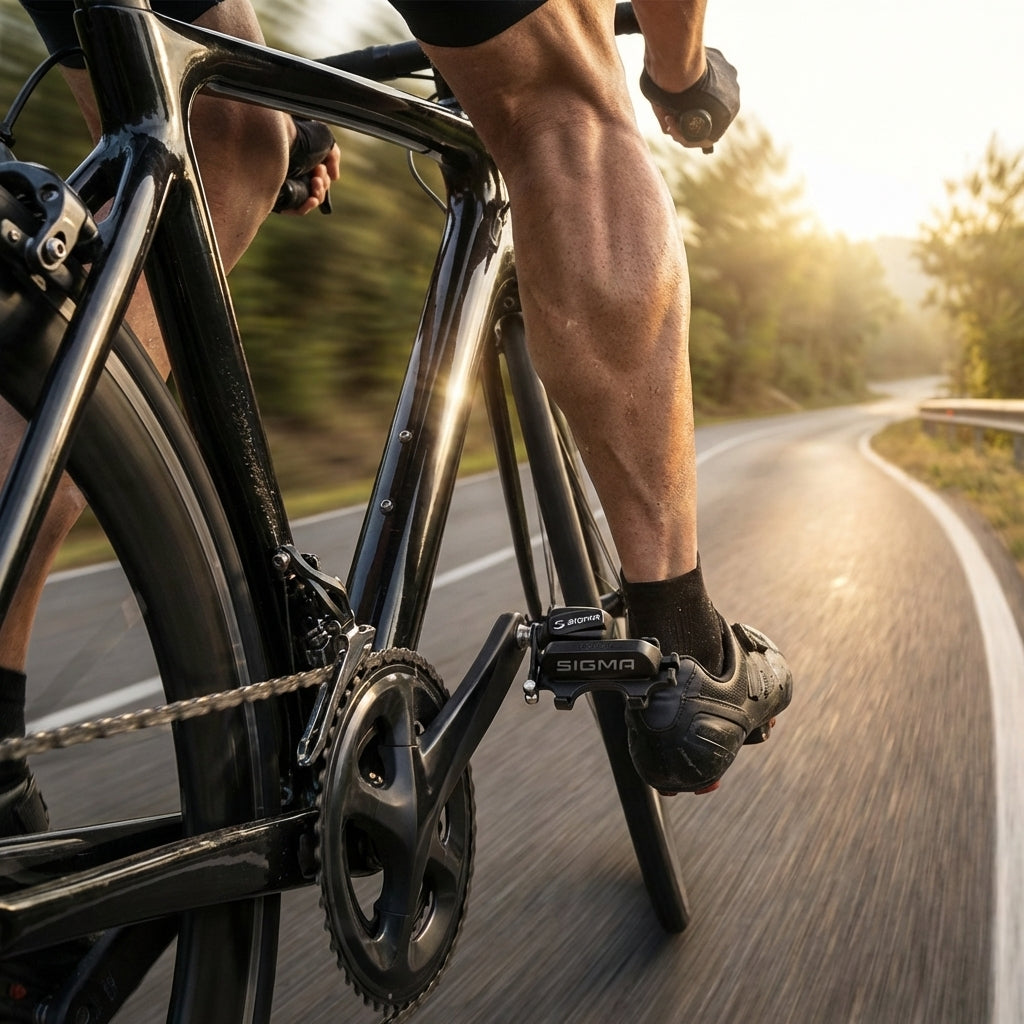 Radfahrer mit Sigma STS Trittfrequenzsender, digitaler Funksensor für Fahrradcomputer, an der Kurbel.