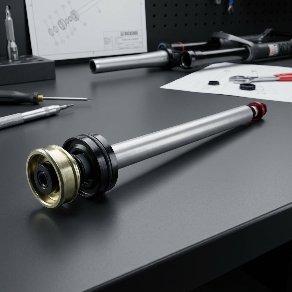 RockShox Rebound Dämpfer und SealHead Set Revelation A5 (2017+) auf Werkbank für Fahrrad-Gabel-Service.