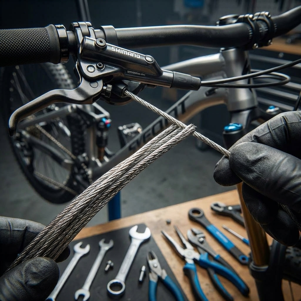 SHIMANO MTB Bremszug aus Edelstahl: Montage des robusten Innenzugs an einem Mountainbike-Bremshebel.