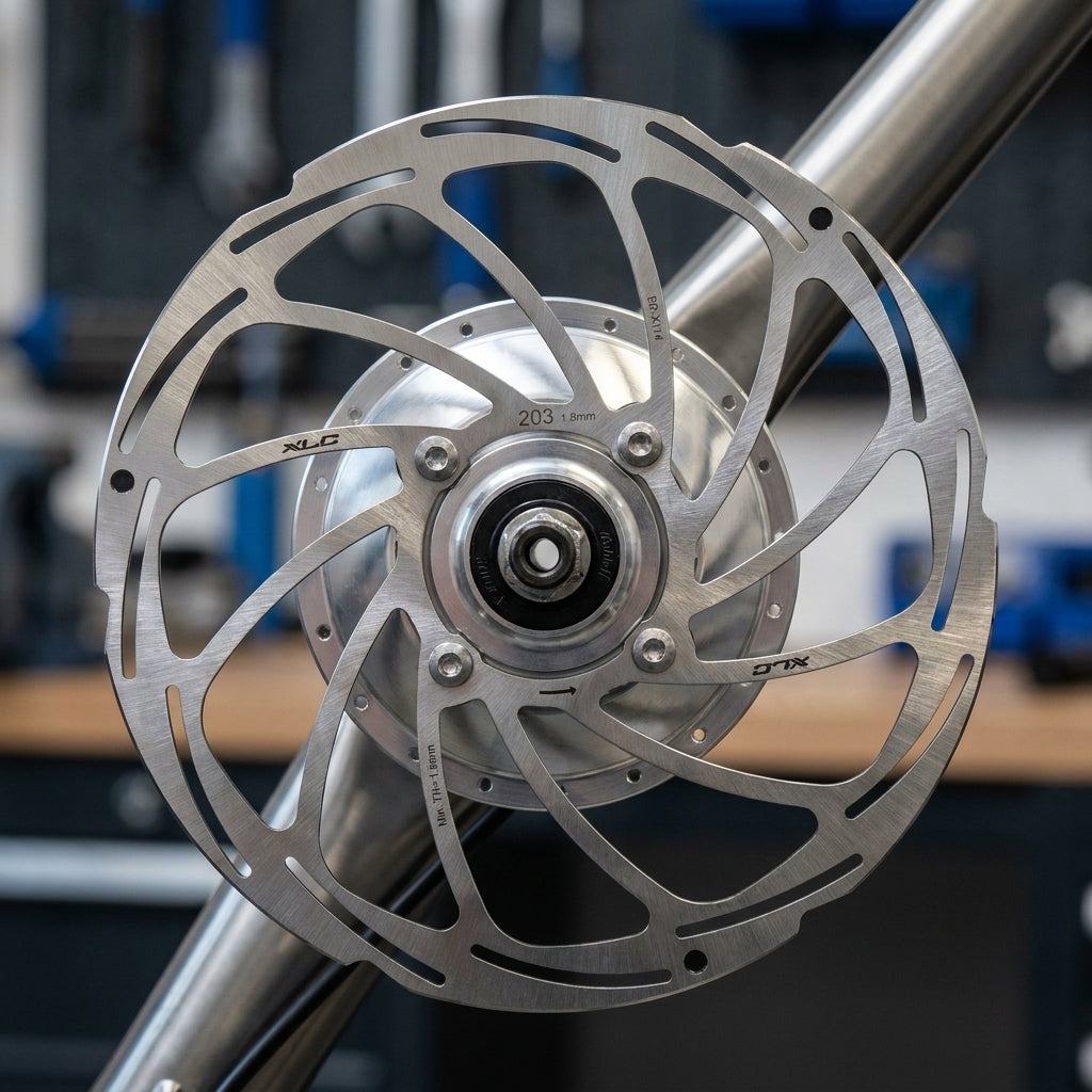 XLC Bremsscheibe BR-X114 Ø203mm 1,8mm silber für Rohloff HR-Nabe 4-Loch, Nahaufnahme.