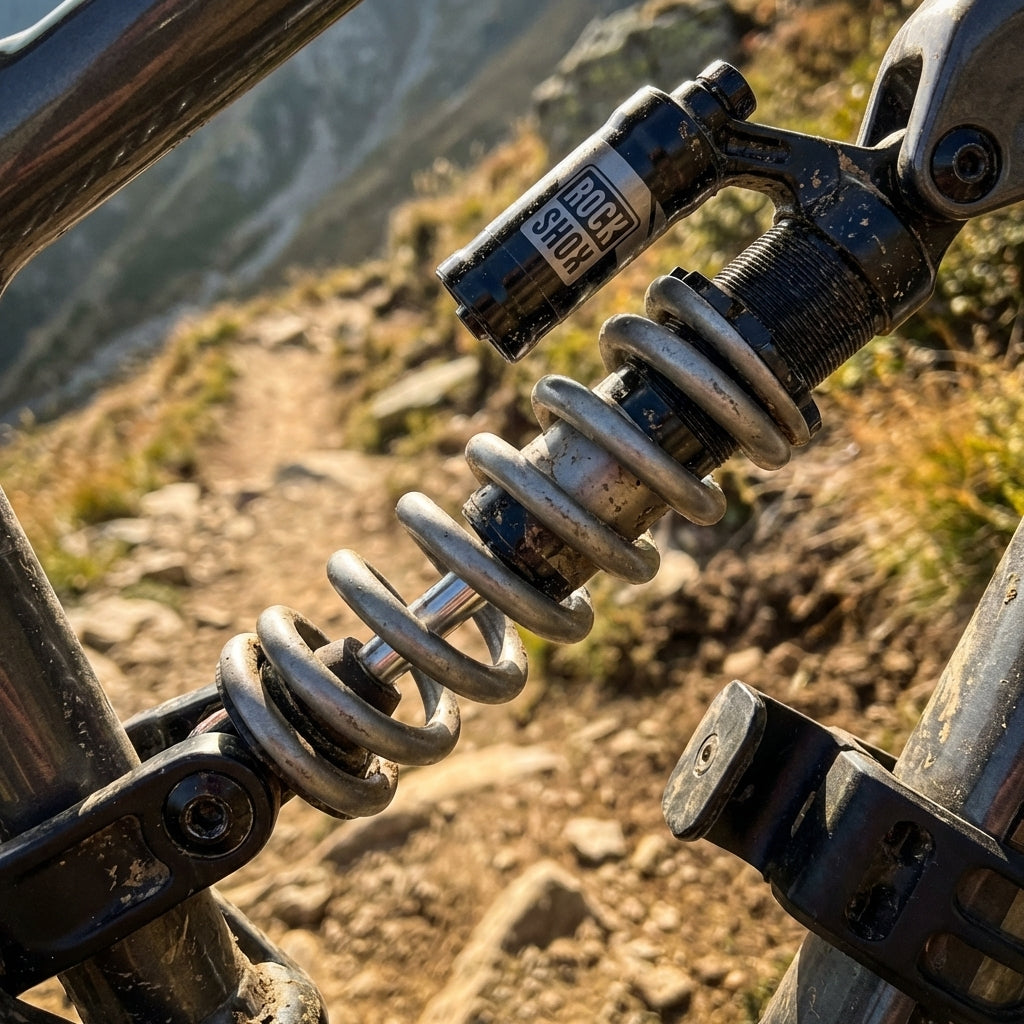 Rockshox Feder für HR Dämpfer Vivid/Kage, grau, am Mountainbike auf einem felsigen Gebirgspfad.