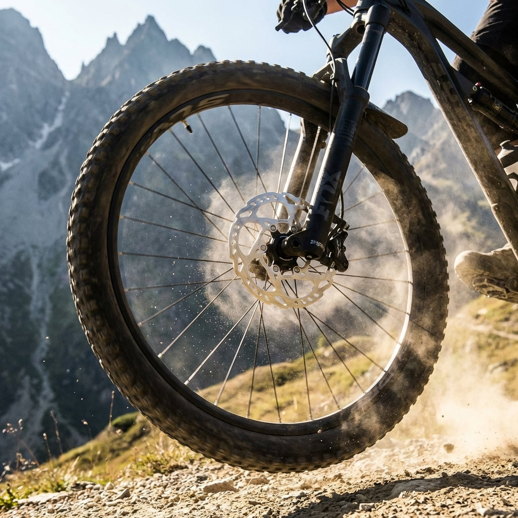 Shimano SLX Bremsscheibe SM-RT70 180mm am MTB-Vorderrad beim Bremsen, staubiges Gelände, starke Performance.