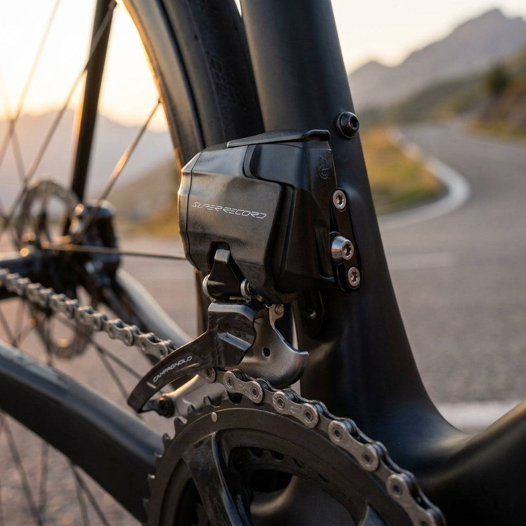 Campagnolo Super Record WRL 12-fach Umwerfer Anlötversion ohne Akku am Rennrad montiert.
