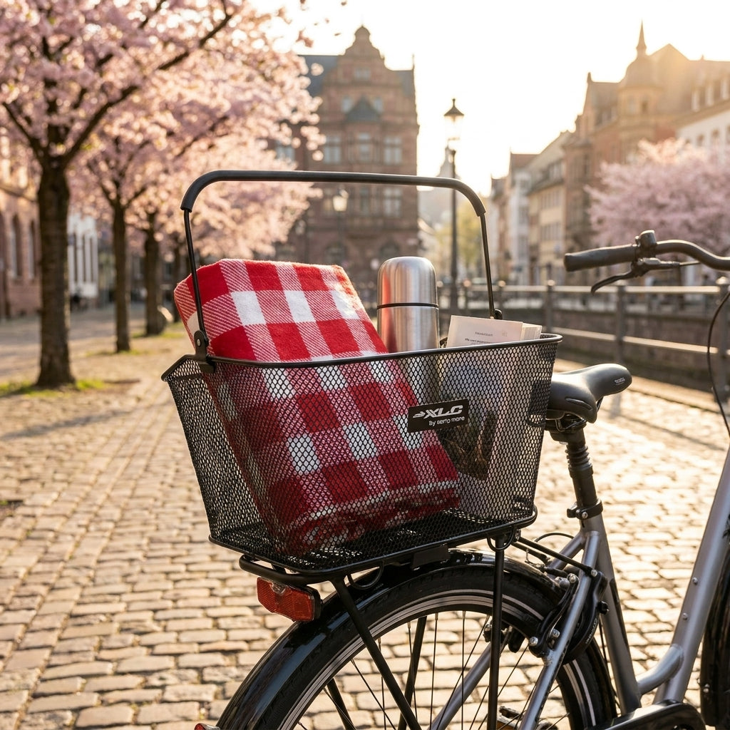 XLC Korb carry more II BA-B09 für XLC Systemgepäckträger schwarz am Fahrrad mit Decke und Thermoskanne.