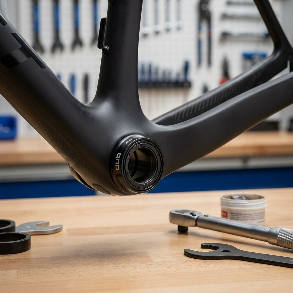 SRAM DUB BB30 Road Wide Stahl-Innenlager im Carbon-Fahrradrahmen, Montage in Werkstatt mit Werkzeugen.