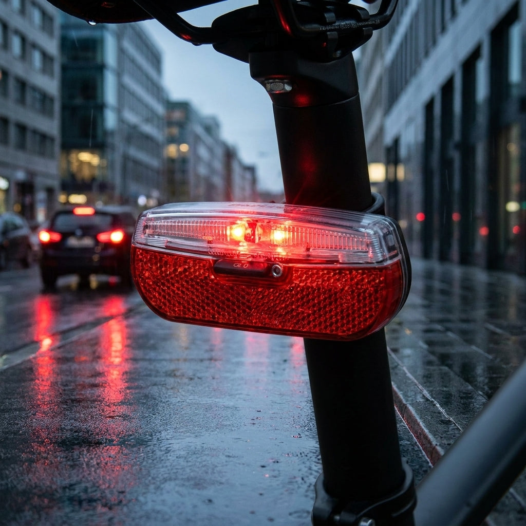 Trelock Rücklicht LS 812 STVZO Batteriebetrieb, leuchtend am Fahrrad auf nasser Stadtstraße.