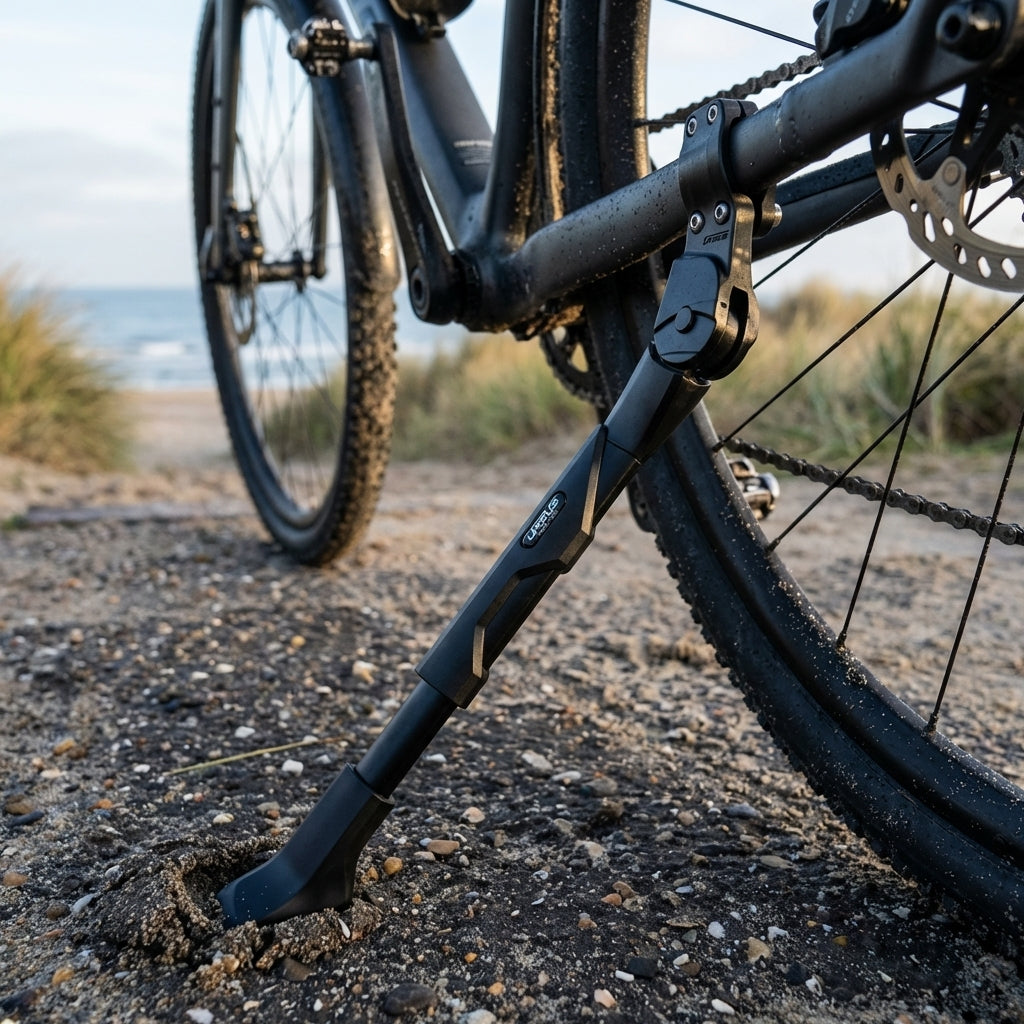 Ursus King 2 XL Hinterbauständer schwarz verstellbar am Fahrrad auf Sandweg, passend für 27,5-29 Zoll Räder.