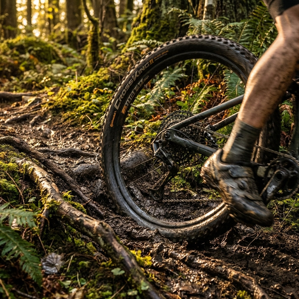 Continental Cross King II MTB-Reifen 27.5x2.00 auf schlammigem Waldweg, ideal für anspruchsvolles Gelände.