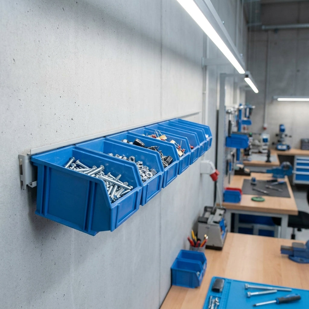 Unior Trägerschiene 990HPB für Sichtlagerkisten. Robuste Wandhalterung schafft Ordnung in Werkstatt und Lager. Effiziente Teilelagerung.