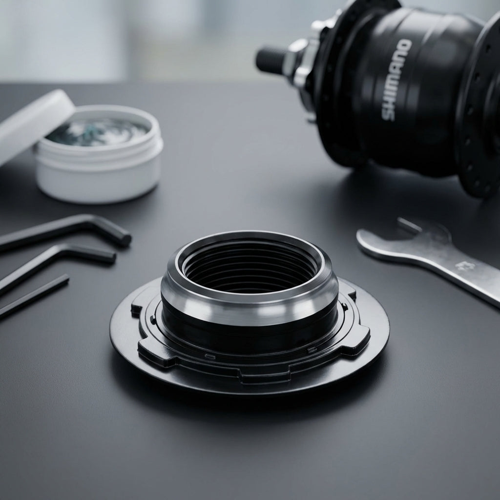 SHIMANO VR Konus komplett für Nabendynamo DH3N80, Ersatzteil mit Werkzeug und Fett auf dunklem Tisch.