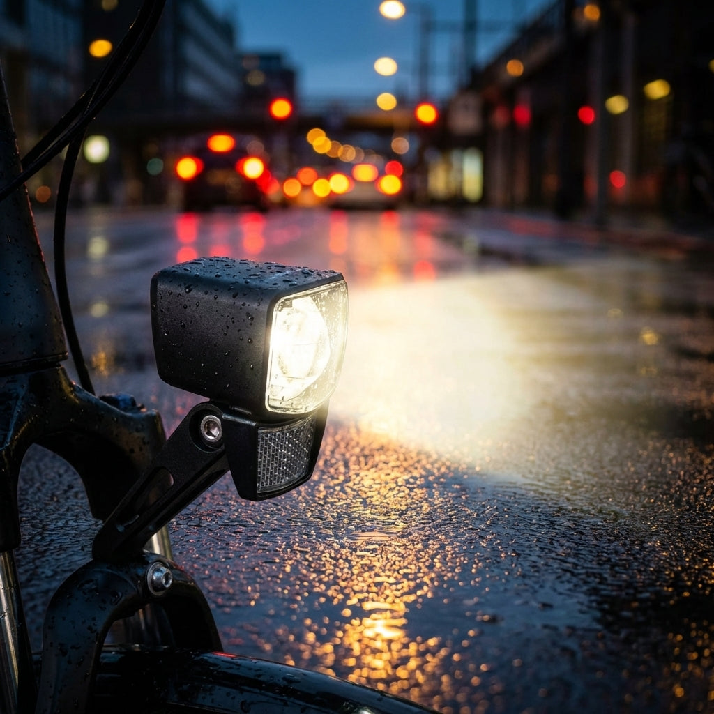 AXA Nxt 45 Dynamo-Frontscheinwerfer 45 Lux leuchtet nasse Straße im Dunkeln aus, StVZO-konform für Sicherheit.