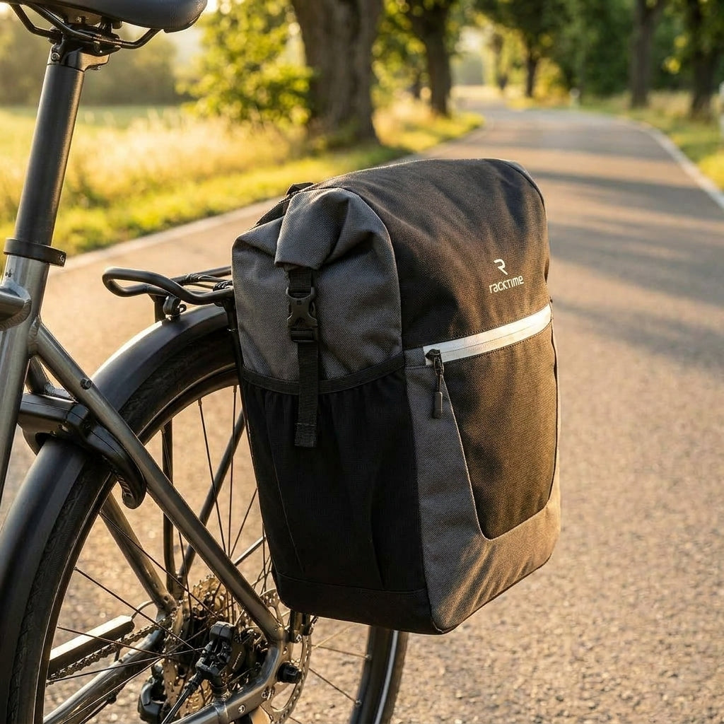 Racktime Talis Plus Fahrradtasche schwarz grau. Erweiterbare Gepäcktasche mit Reflektor und Snapit Adapter für sicheren Transport.