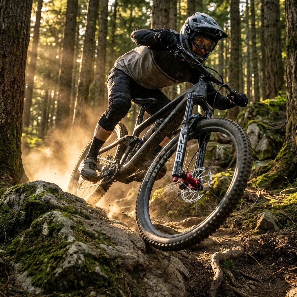 RockShox ZEB Federgabel DebonAir 150mm Upgrade Kit im Einsatz: Mountainbiker auf staubigem Waldtrail.