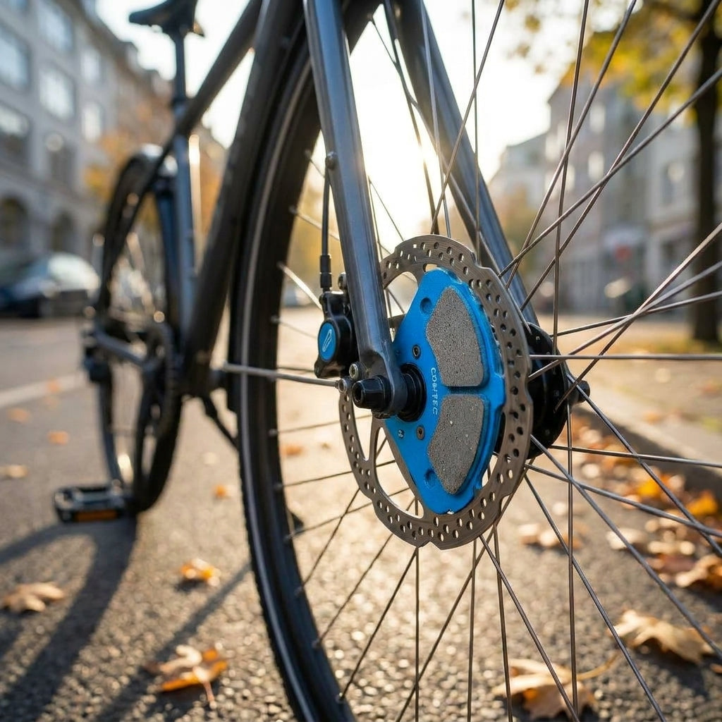 Contec Scheibenbremsbelag CBP-130 organisch blau am Fahrrad Vorderrad mit Scheibenbremse.