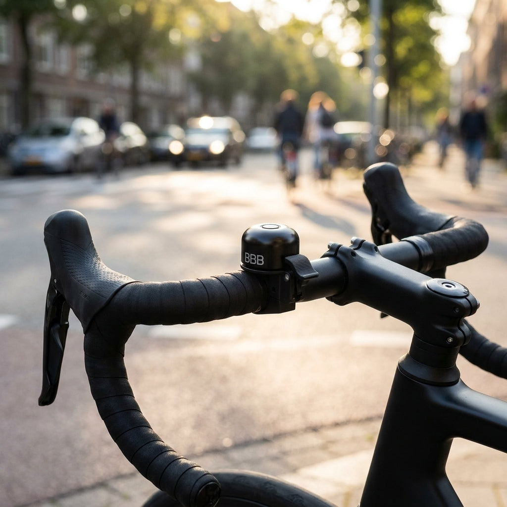 Schwarze BBB Loud&Clear Fahrradklingel am Lenker eines Fahrrads für mehr Sicherheit im Verkehr.