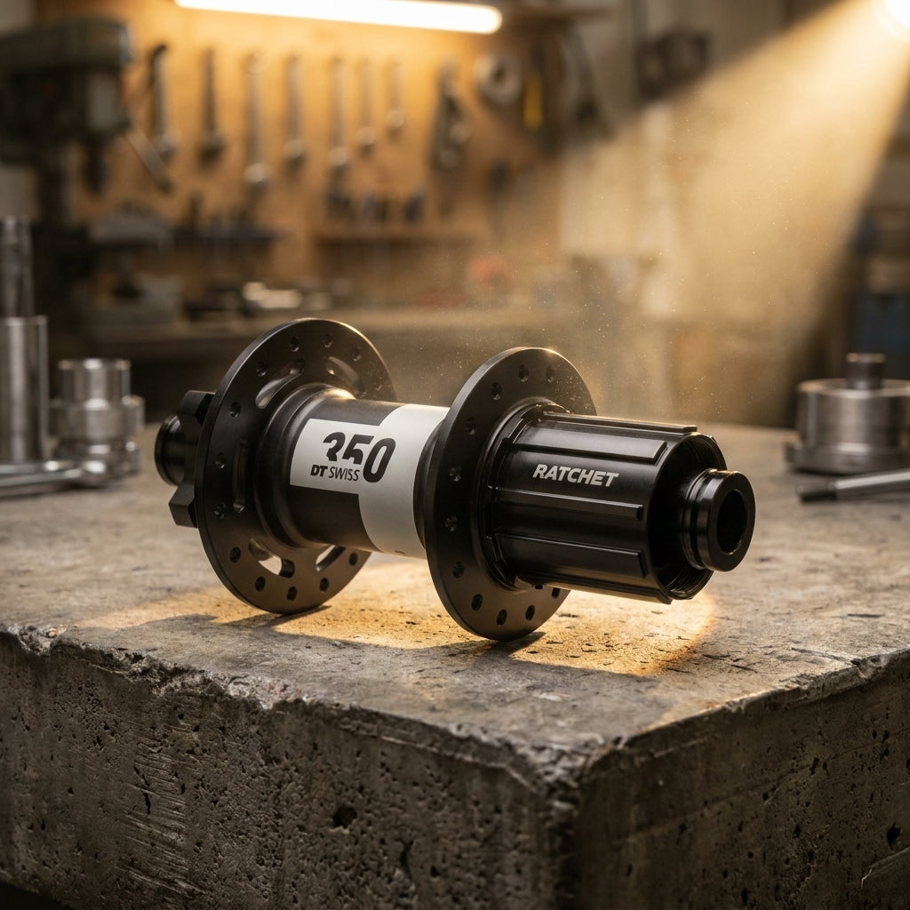 DT Swiss 350 Boost MTB Hinterradnabe Classic, schwarz, 28 Loch, auf Werkbank in Werkstatt.