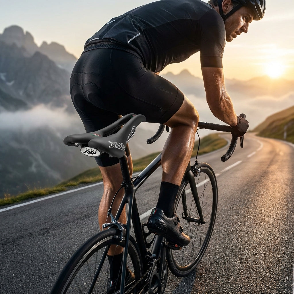 Selle SMP Sattel Dynamic schwarz Herren am Rennrad mit Fahrer auf Passstraße bei Sonnenuntergang.