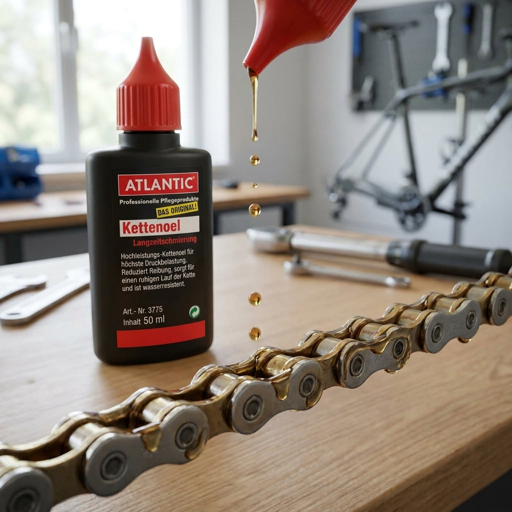 Atlantic Kettenöl 50ml Ovalflasche für Fahrräder. Premium Schmierung, langanhaltender Schutz, reduziert Verschleiß. Fahrradpflege.