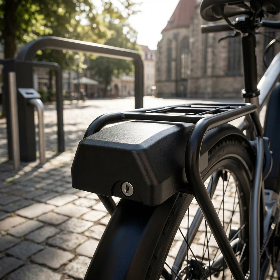 Yamaha Schlossgehäuse GTA für Gepäckträgerakku 2016, schwarz, am Hinterrad eines E-Bikes.