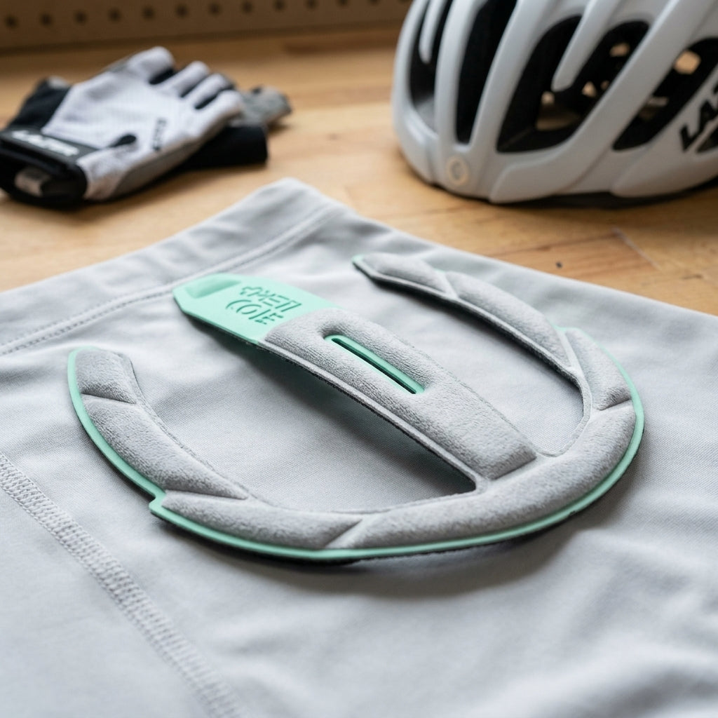 LAZER Fahrradhelm-Ersatzpolster Strada KC L&XL auf Stoff mit Helm und Handschuhen im Hintergrund für Komfort.