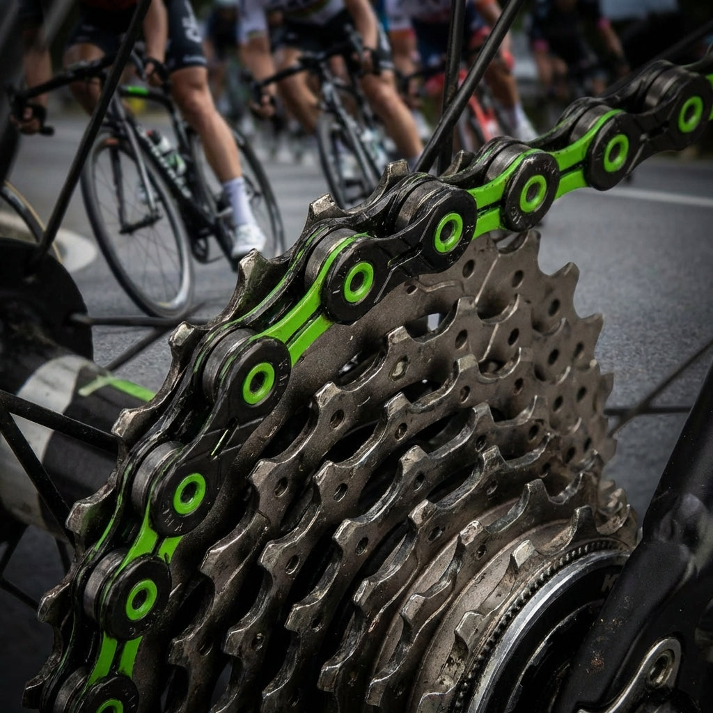 KMC X-11-SL DLC Fahrradkette schwarz-grün 11-fach auf Kassette, unscharfe Radfahrer im Hintergrund.