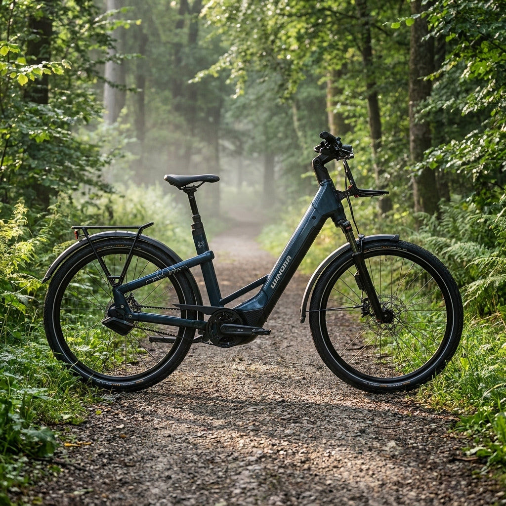 Winora Yakun ENV ABS Low SUV E-Bike 27,5 Zoll cavalry-denim auf Schotterweg im Wald. Bosch CX, Enviolo Automatiq.