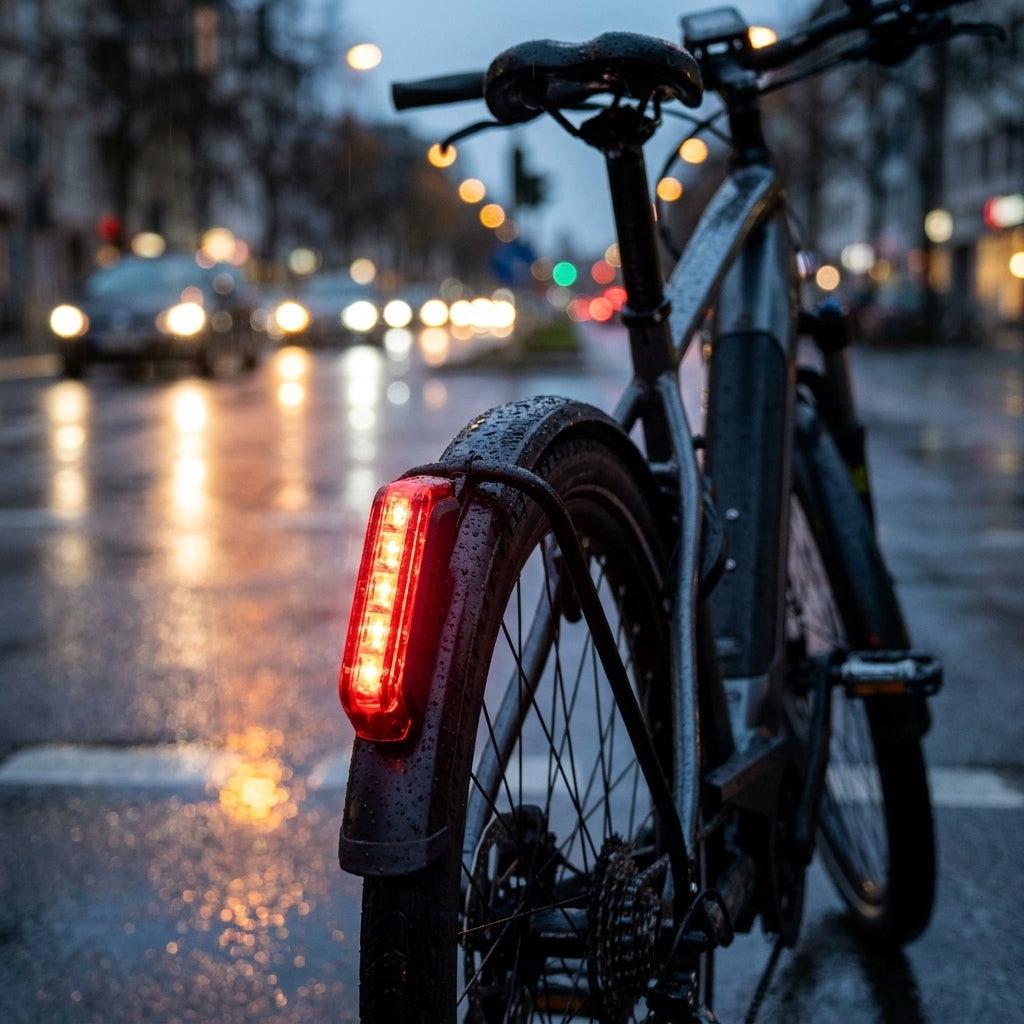Trelock E-Bike Rücklicht LS 411 leuchtet rot am E-Bike auf nasser Straße bei Dunkelheit.