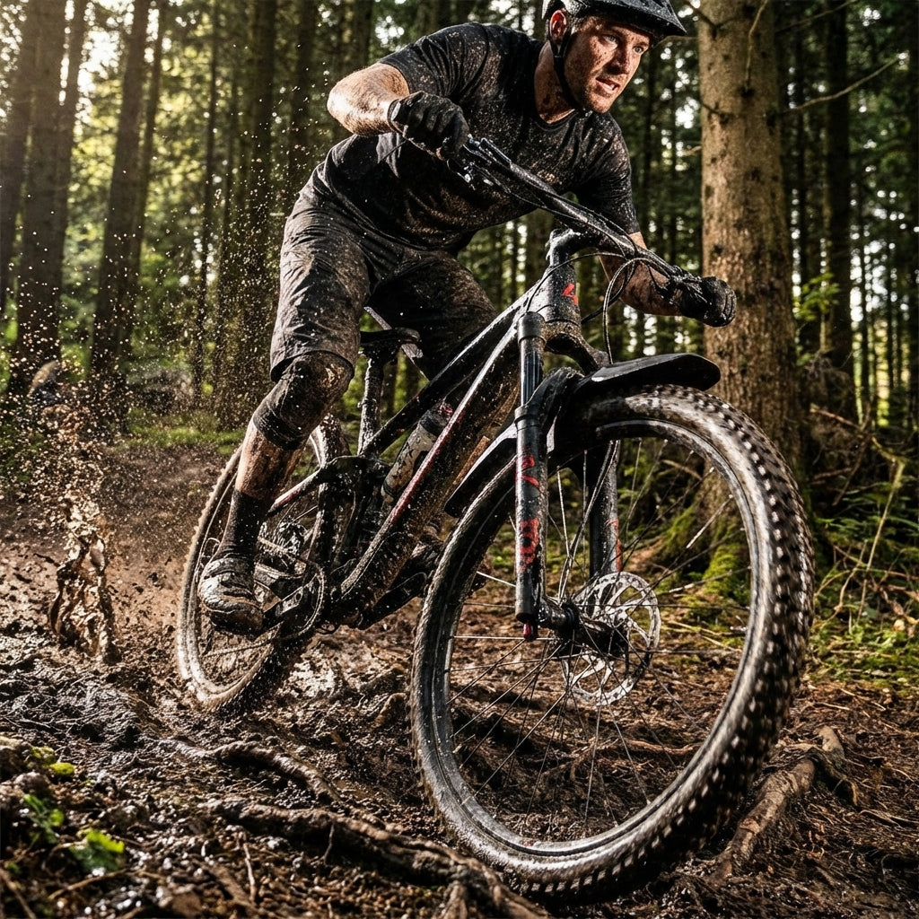 Zéfal VR-Steckblech FM30 schwarz schützt Mountainbiker im schlammigen Wald vor Spritzwasser.