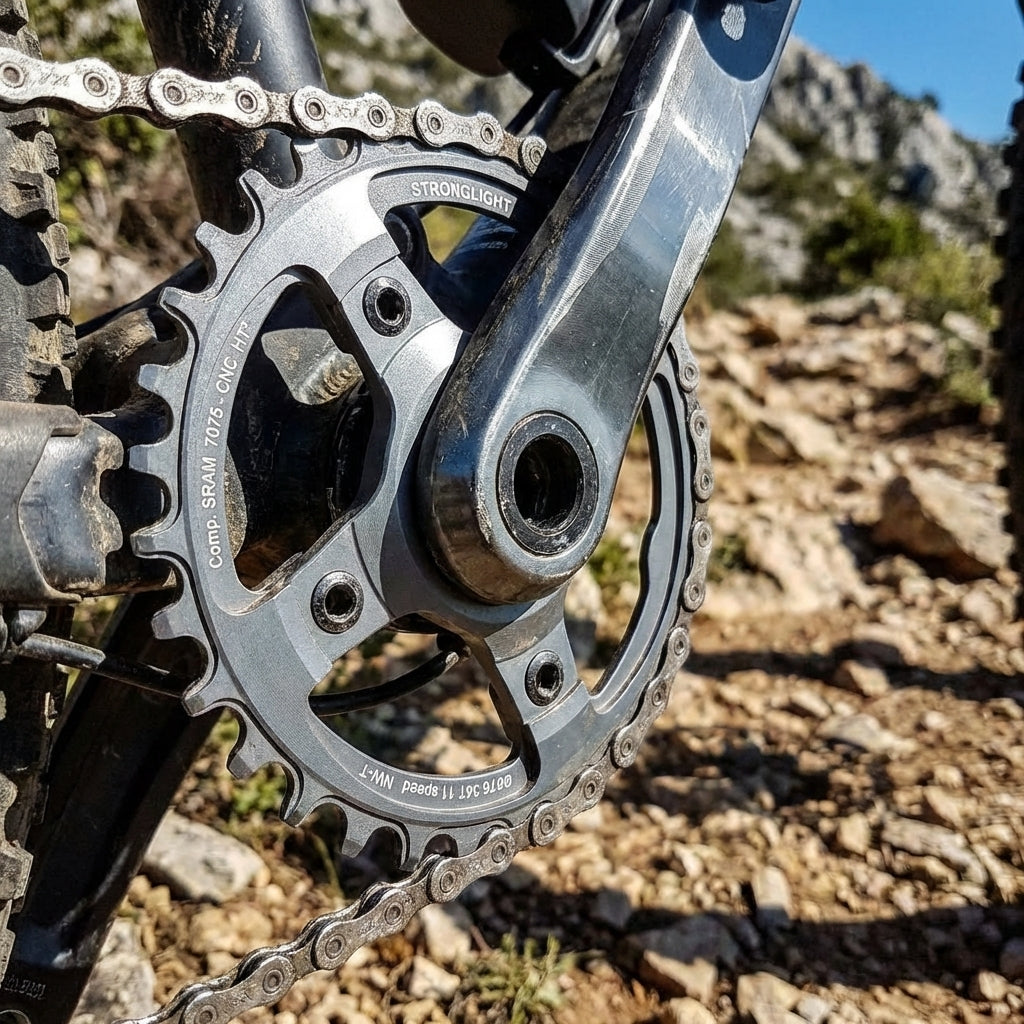 Stronglight Kettenblatt 36Z 11-fach SRAM XX1 HT3 am Mountainbike auf felsigem Trail.