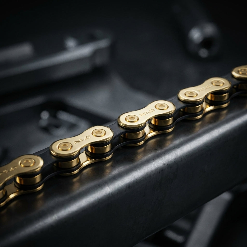 Nahaufnahme einer XLC CC-C05 11-fach Fahrradkette in Gold und Schwarz.